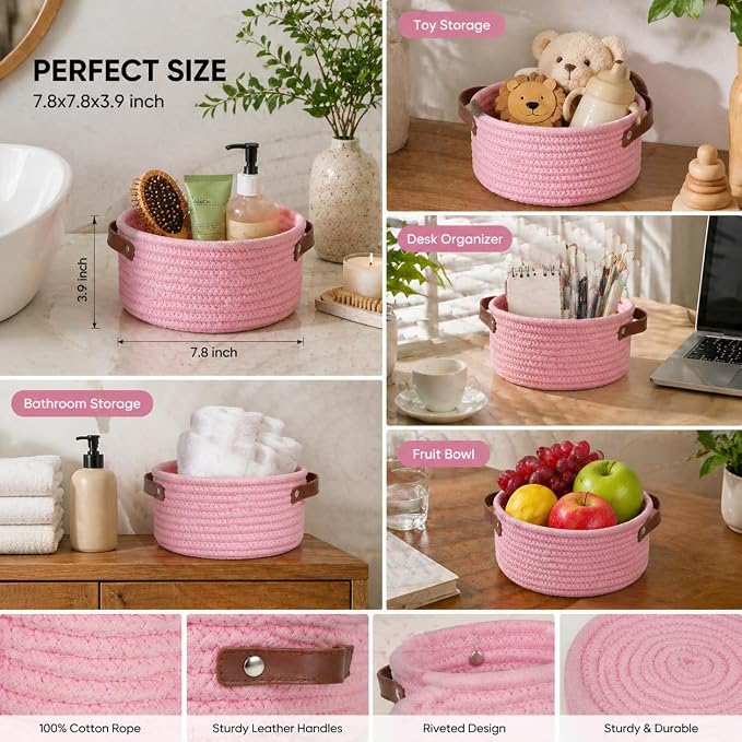 Small Woven Cotton Rope Basket with Leather Handle, Pink | Mini Round Storage Basket, Empty Gift Basket, Nursery Toy Organizer, Decorative Shelf Bin, Boho Room Decor