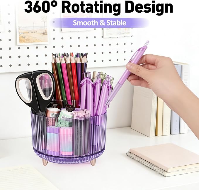 360 Rotating Pen Pencil Holder for Desk, Pen Organizer with 5 Slots | Makeup Brush Holder, Desk Organizer and Accessories, Cute Pencil Cup Caddy for Office School Home Decor Art Supply (Purple)