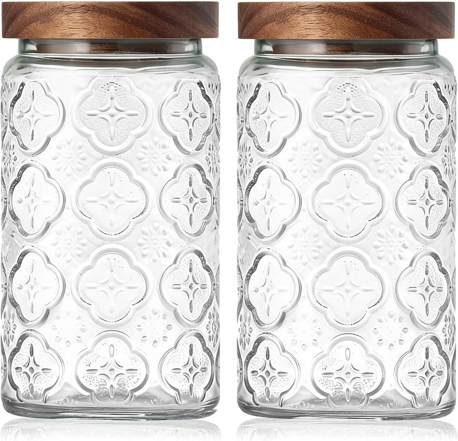 Vintage Glass Jar with Wood Lid - Christmas Airtight Canisters for Kitchen Countertop Bathroom, Storage Candy, Cookie, Coffee, Apothecary, Sugar, Flour,Pet Treat (2 X Begonia, 34oz/1000ml)