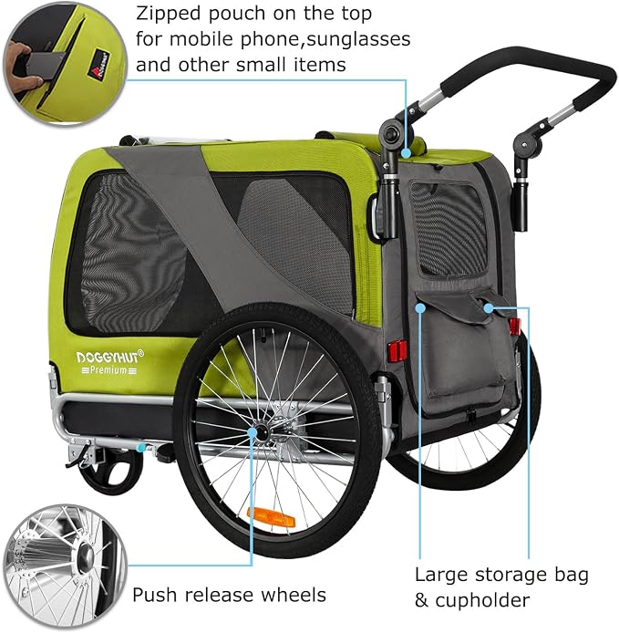 DOGGYHUT® Premium XL Pet Bike Trailer & Stroller Up to 100 lbs (Lime Green) | Bicycle Trailer for Small Medium or Large Dogs, Dog Bicycle Carrier, Low Center of Gravity, Folding Frame Cart