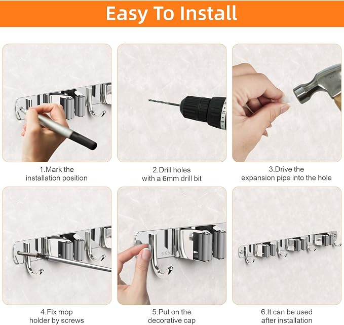 CUXIXA 2 Pack Mop and Broom Holder Wall Mount, Non-slip Broom Hanger Wall Mount, Heavy Duty Mop Broom Organizer for Kitchen Garden Garage Laundry Room Wall Decor Organization and Storage Silver 4R5H