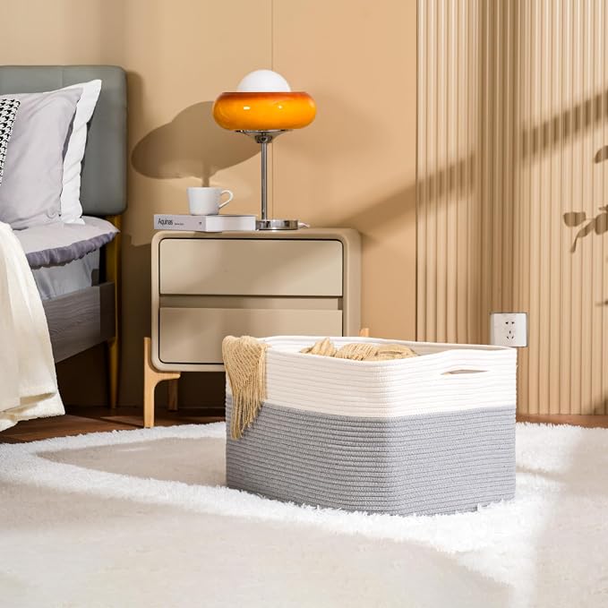 ICERZCZ Large Blanket Basket Living Room, Rectangle Storage Basket, Large Basket for Blankets, Woven Cotton Rope Baskets for Storage Toy Dirty Clothes, 22”x17”x12”, White & Grey, 75L