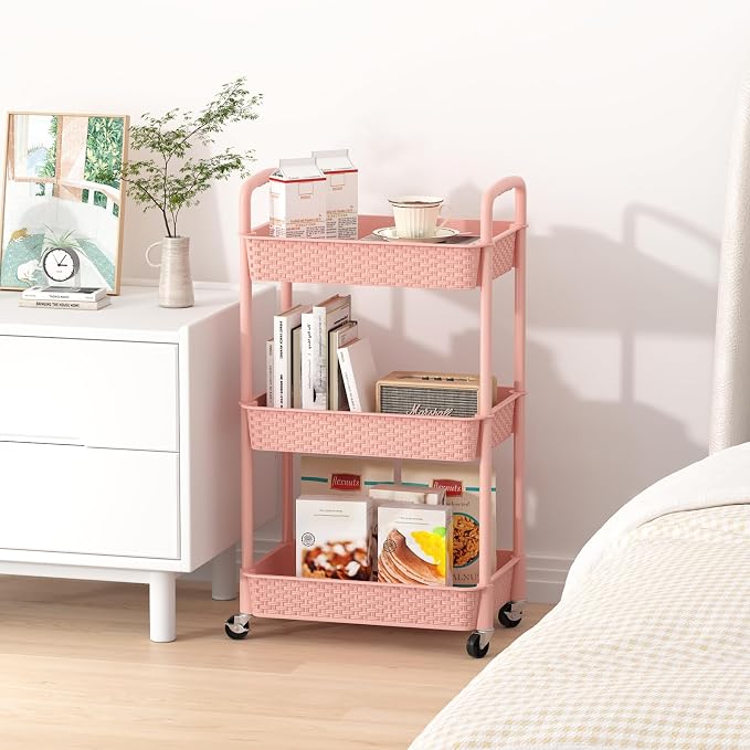 MOYIPIN 3-Tier Plastic Rolling Utility Cart with Handle,Utility,Pink | Utility Storage Cart for Office, Living Room, Kitchen,Movable Storage Organizer，Easy installation，Rattan-like art design