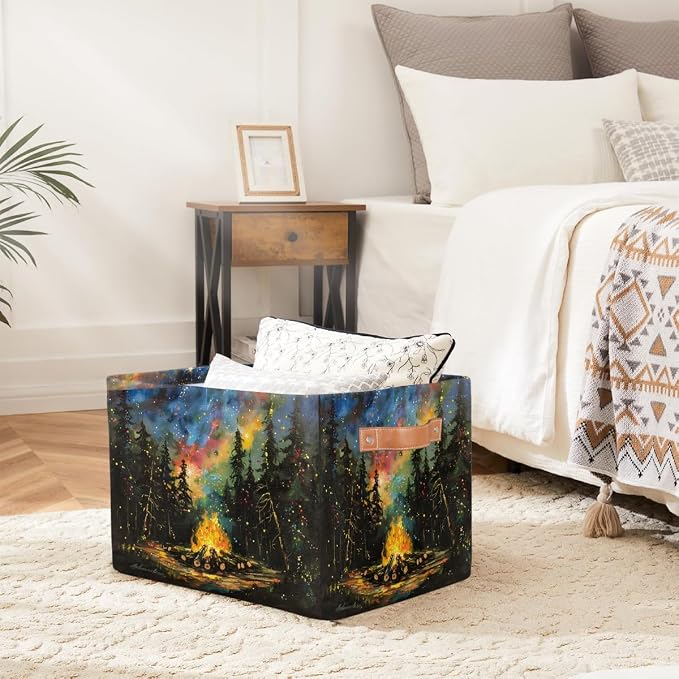 Pardick Storage Baskets Bin, Camping Campfire Collapsible Canvas Fabric Storage Bin Decorative Baskets Toy Organizer Rectangle Storage Boxes with Handles for Home Shelves Nursery,1Pack,A-955