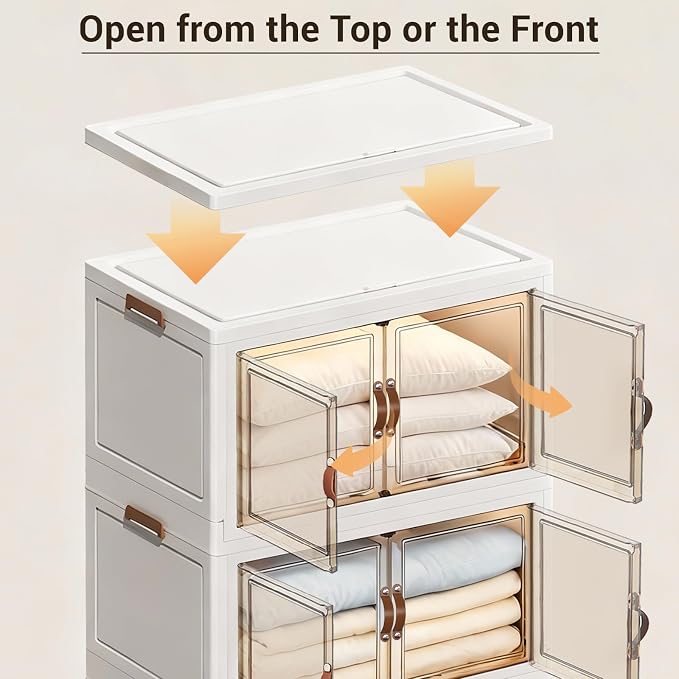 White 320 QT Large Stackable Storage Cabinet, 4-Tier Collapsible Storage Bins with Magnetic Doors & Wheels, XX-Large Plastic Organizer for Closet, Bedroom, Kitchen & Office, Total 80 QT per Tier