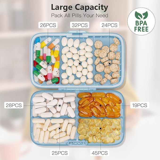 FYY Travel Pill Organizer, Large Weekly Medicine Pill Organizer-Blue | Airtight Moistureproof Medicine Case, Easy to Use, 8 Compartment Pill Box for Vitamins, Fish Oil, Supplements, Mini First Aid