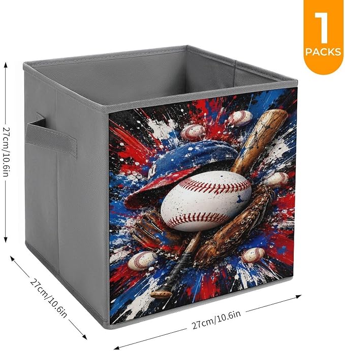 Baseball Bat Ball Glove Hat Storage Bin with Handles, Oxford Fabric Foldable Storage Cube Organizer for Clothes, Towels, Bedroom, Living Room, Home Organization