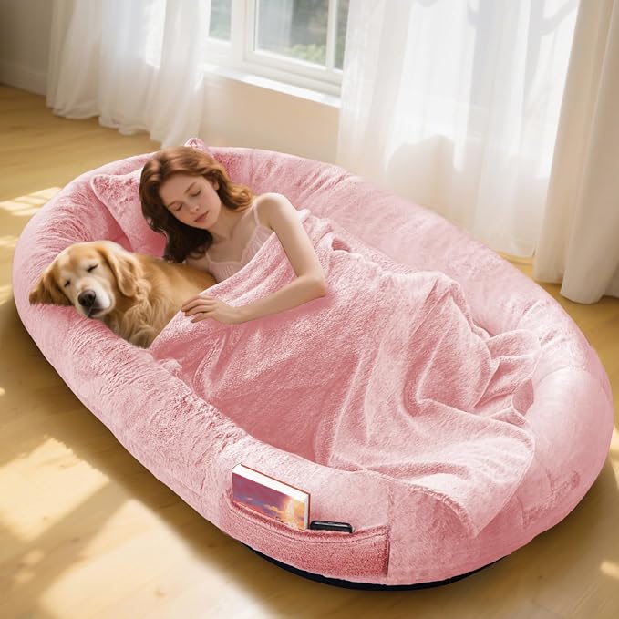 Human Dog Bed,71"x45"x14" Human Size Giant Dog Bed for Adults and Pets,Washable Faux Fur Cover Napping Orthopedic Bean Bag Bed for Humans with Blanket and Pillow,Pink