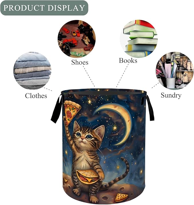 Playful Cat Laundry Basket Hamper, Organizer Bins Gifts for Women Kids, Cute Pizza Moon Foldable Waterproof Clothes Hamper Handles Storage Bucket for Bedroom Bathroom Room Decor 19.7"x15.7"