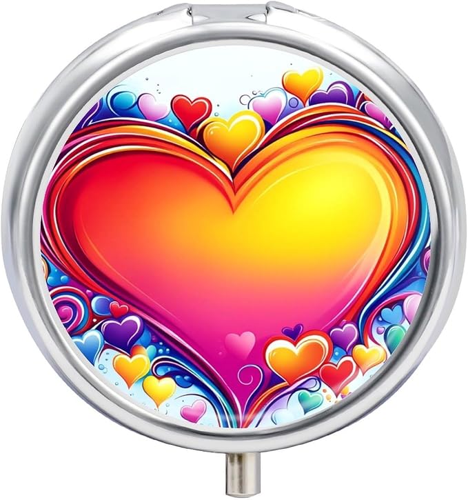 Love Heart Metal Round Pill Box, 3 Compartment Travel Organizer, Portable Pill Container with Secure Latch, 2 Inch Circular Vitamin Caddy for Pills and Vitamins, Gift for Him Her Elderly