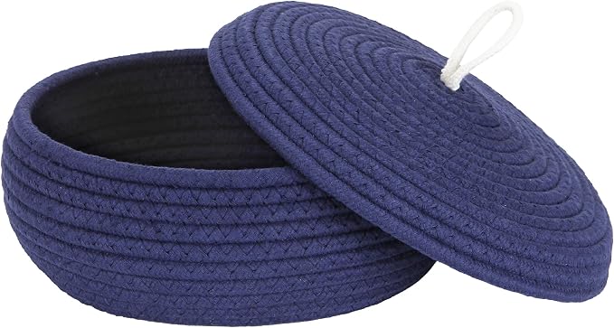 Sea Team Round Woven Cotton Rope Storage Basket with Lid, Navy | Lidded Knitted Decorative Storage Bin, Pot, Caddy, Organizer, Container for Snacks, Towels, Plants, 10 x 4.5 Inches