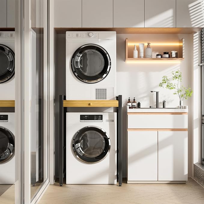 Washer Dryer Stacking Rack, 550lbs Capacity Heavy Duty Washing Machine Storage Utility Rack with Countertop, Height Adjustable Washing Machine Shelf for Laundry Rooms Bathrooms
