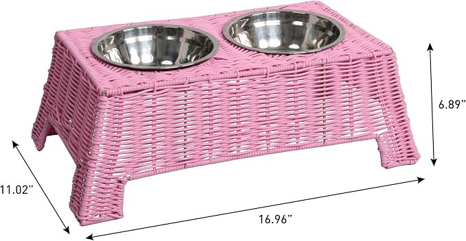Serenity 6.9" Small Medium Elevated Wicker Pet Feeder with 2 Removable 18oz 2.2 Cup Stainless Steel Bowls Dishwasher Safe Food Water Station for Dogs Cats, Light Green DBL4000Y