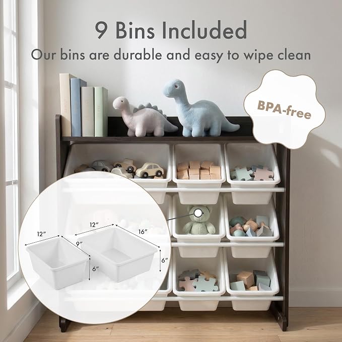 Humble Crew Kids Toy Organizer with Display Shelf, 9 Bins, 3 Tier Storage | Sturdy wood and steel toddler shelf, removable BPA-free containers, wall anchor anti-tip safety kit for bedroom or classroom