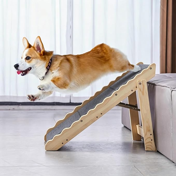 Wooden Pet Stairs, 2-in-1 Folded Pet Steps for Beds, Anti-Slip Dog Ramp with 3 Steps for Small Medium Large Pet, up to 150 lbs