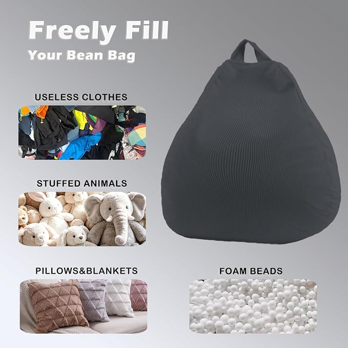 LPMOERA Stuffed Animal Storage Soft Bean Bag Cover No Filler Dark Grey | Skin-Friendly,Portable,Wide Easy-Load Opening,Hidden Zipper,Decorative Organizer