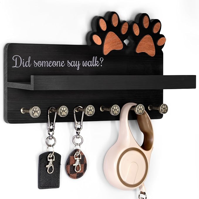 MTERSN Decorative Dog Leash Holder for Wall with Shelf & 6 Hooks, Black | 3D Dog Paw Key Hooks, Unique Back Panel, Key Hanger for Leashes & Keys, Pet Accessories Storage, Gift for Dog Lovers