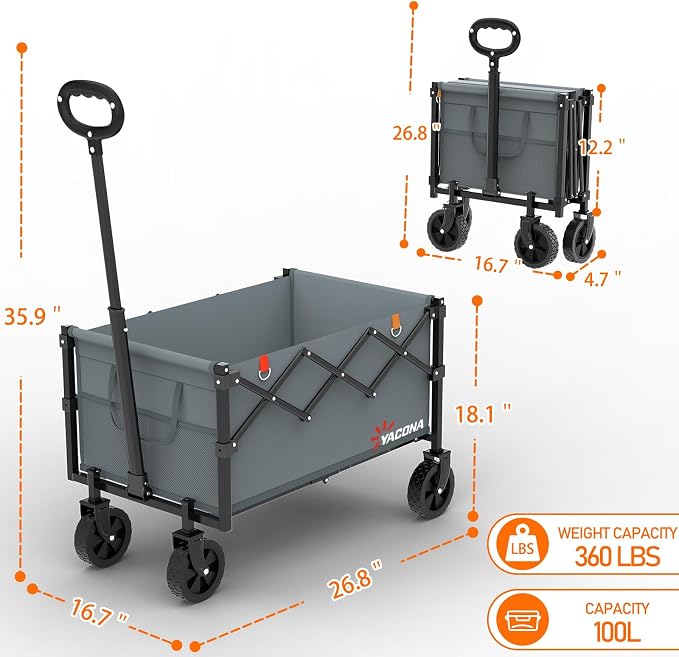 Yozoia Wagons Carts Foldable,Utility Beach Grocery Wagon with Wheels,Grey | Foldable, Lightweight, Portable, Simple Installation for Camping Shopping Beach Garden Sports