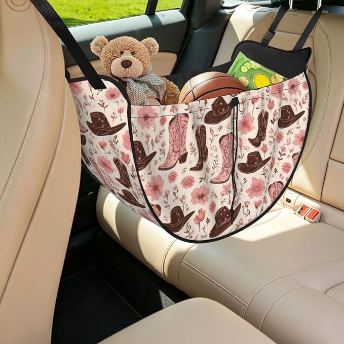 Cowboy Boots Hats Floral Car Seat Organizer Backseat Storage Bag, Large Waterproof Vehicle Organizer With Adjustable Straps For Gear Essentials, Fits Most Cars