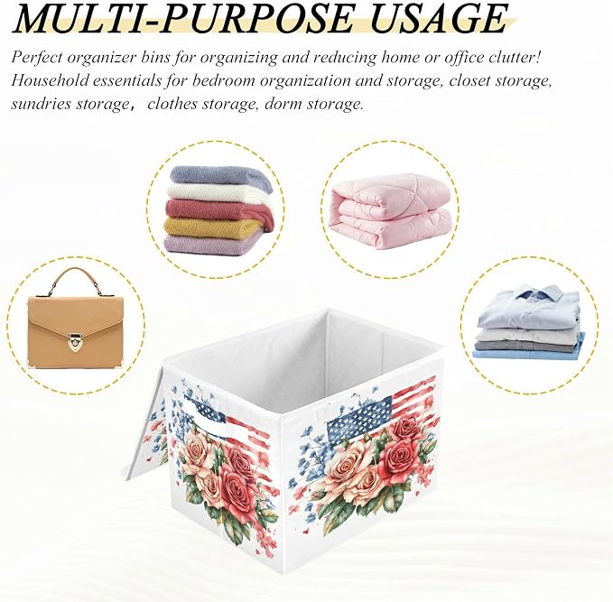 senya July Fourth Baskets Collapsible Storage Bins with Lids, Roses Gypsophila Flag Storage Boxes Clothes Baskets for Organizing