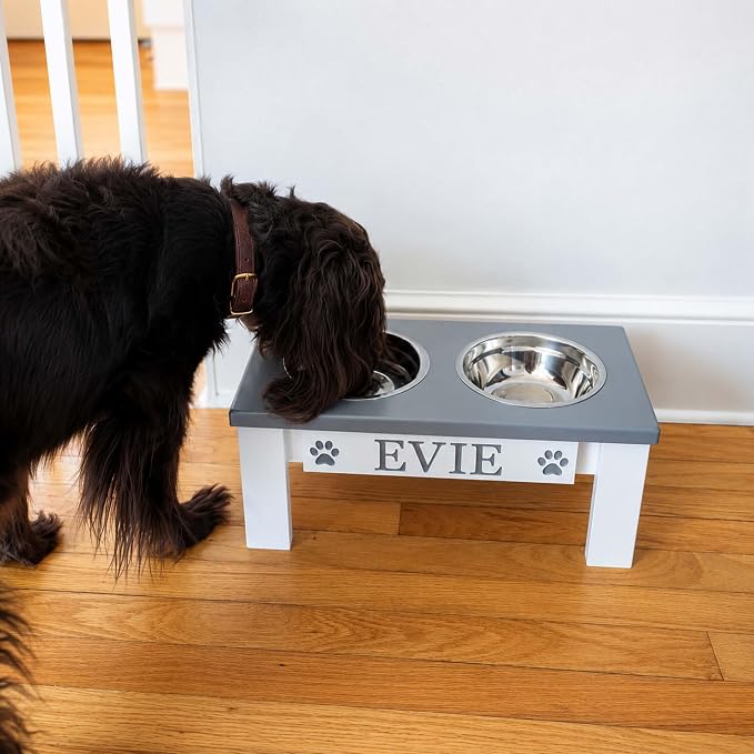 Personalized Dog Bowls Stand for Small Dogs, Wood Elevated Feeding Station | Farmhouse Style, Stainless Steel Dishwasher Safe Bowls, Raised Anti-Slip Feeder, Made in USA