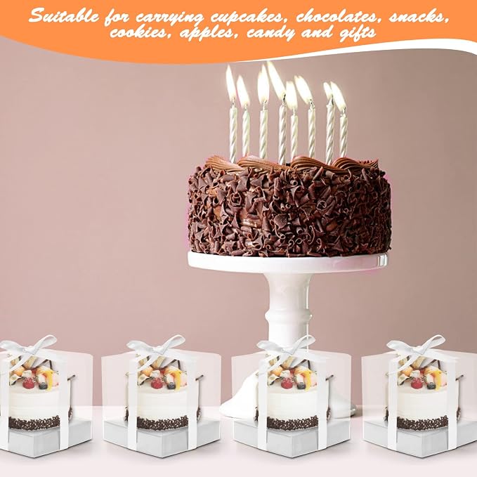 12 PCS Clear Cupcake Boxes 3.5 Inch Cupcake Containers (Silver) | Disposable Cupcake Carrier Plastic Individual Cupcake Storage Holder with Ribbons and Inserts for Wedding, Birthday Party