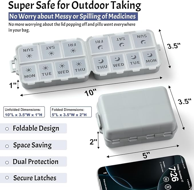 NEW Foldable & Double Protection Portable Weekly Pill Organizer 2 Times A Day with Etched Labels, AM PM 7 Day Week Medicine Box, Daily Travel Pill Case Holder Dispenser for Vitamin, Supplement - Grey