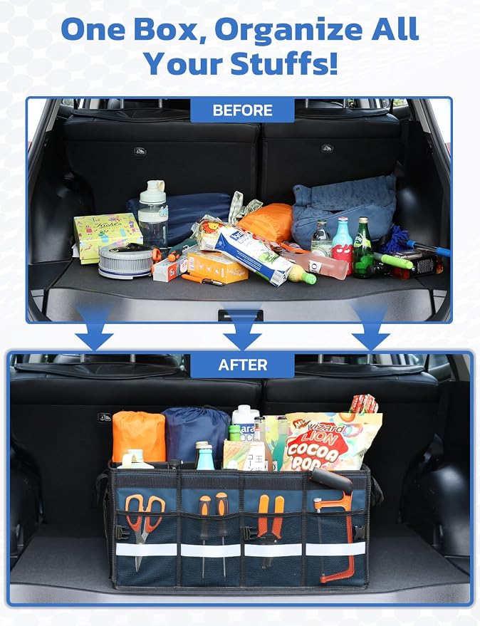 Oasser Car Trunk Organizer Collapsible Multi Compartments Trunk Organizer for SUV with Foldable Cover Reflective Strip | 4 Mesh Pockets, 600D, Non-Slip Bottom, Reflective Strip, 35kg Load, for SUV Saloon Estate Daily Storage, Shop & Family Trip
