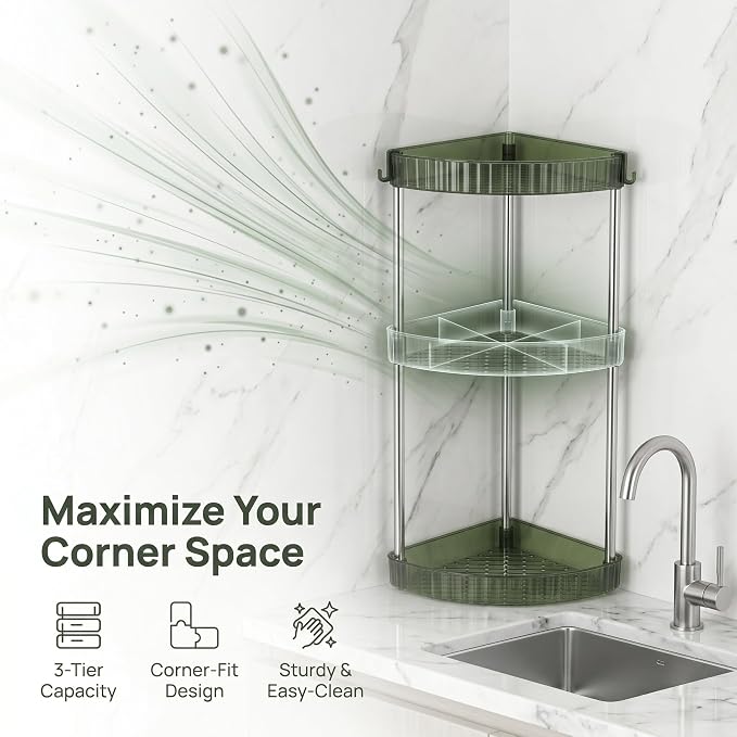 3-Tier Triangle Bathroom Shelf Organizer, Space-Saving Corner Storage Rack Made of Stainless Steel and Pet, Minimalist Design for Shower and Restroom Storage