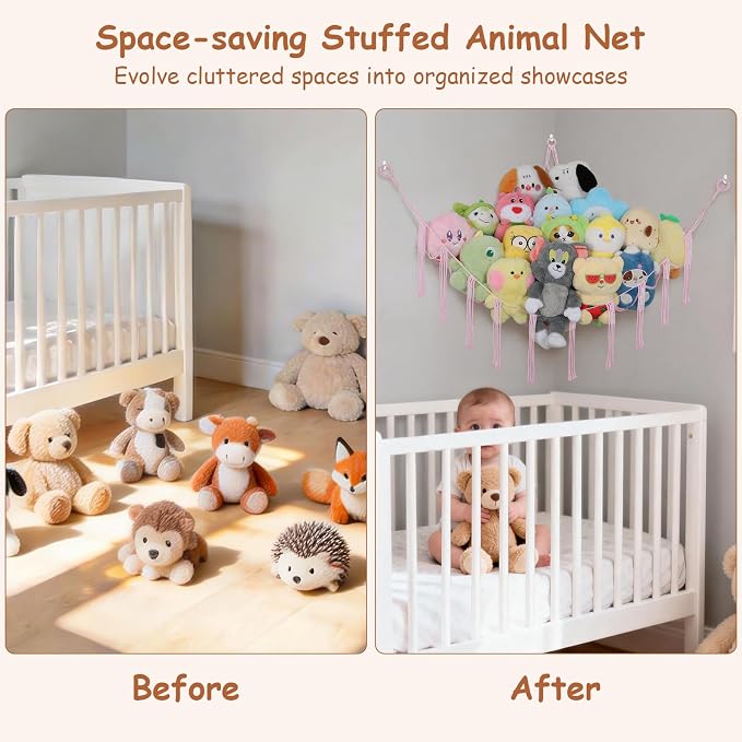 Stuffed Animal Net Hammock Corner,55Inch Large No Drilling Plushie Net,Pink | Handcrafted Natural 100% Cotton Toy Hammock,Boho Macrame Toy Net,Stuffed Animals Storage Stuffy Organizer,Nursery Room Decor