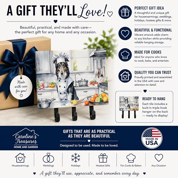 Caroline's Treasures Borzoi The Chef Leash or Key Holder Wall Hooks, Key Hooks Holder, Coat Rack Wall Mount, Coat Hooks, Hooks for Hanging Keys, Towels, Aprons, Leashes | Borzoi The Chef artwork on ceramic tile with three steel hooks for keys, leashes,...