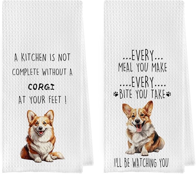 Funny Corgi Dish Towels Set - Corgi Gift Waffle Weave Kitchen Towels, Dog Decorative Hand Tea Towels for Bathroom Kitchen (16×24 Inches Set of 2)