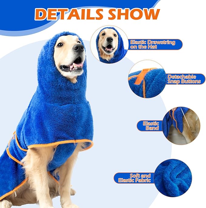 EXPAWLORER Soft Dog Bathrobe with Hood, Super Absorbent & Quick-Drying Dog Towels, Cozy Drying Coat for After Bath,Swimming, Blue XL