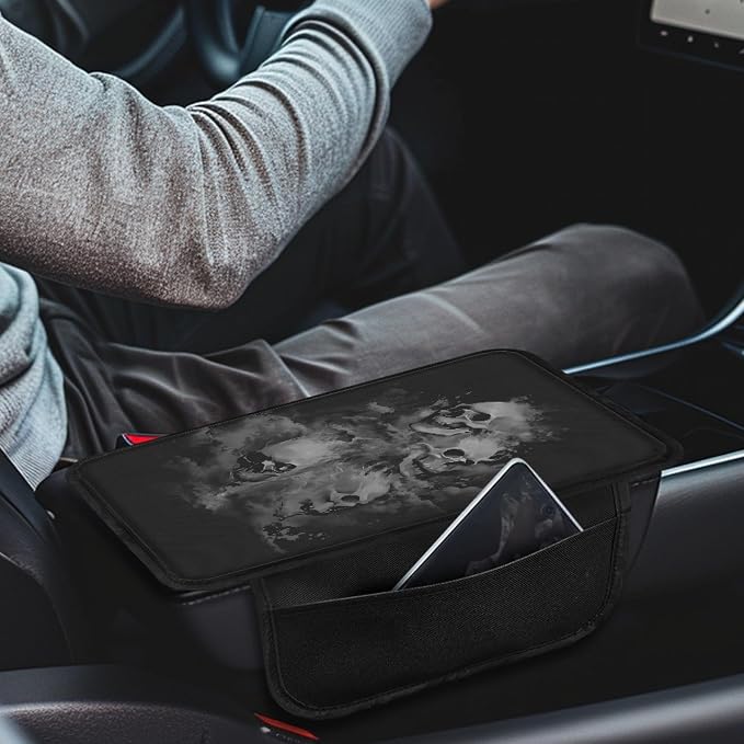 Howilath Center Console Cushion Cover, Non-Slip for Car Armrest | Grey Skull Elastic Band Holds Firmly, No Tools Needed, Protects from Scratches and Stains