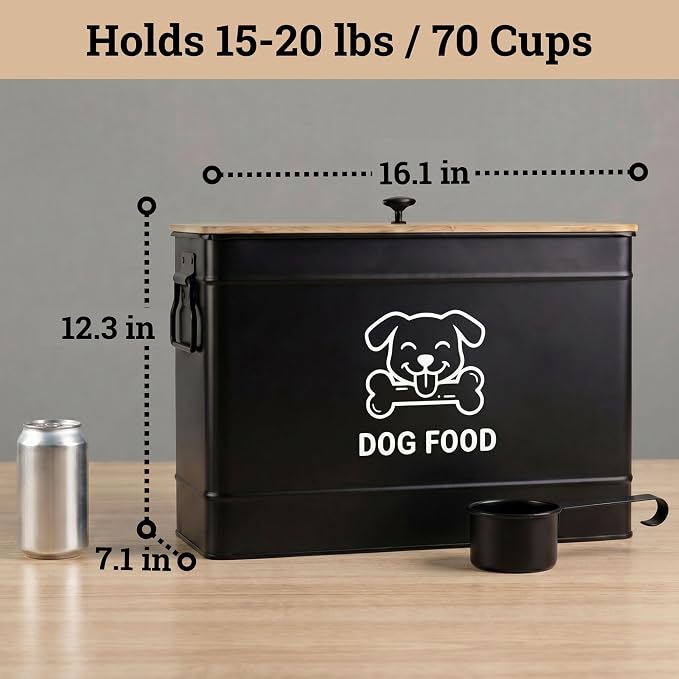 Metal Dog Food Container 15-20 lbs w/ Airtight Bamboo Lid, 70 Cup Capacity | Pet Jar For Dogs up to 100lbs, Airtight Bamboo Lid, Sturdy Comfortable Metal Handle, Powder Coated Iron, Kibble Storage Bin