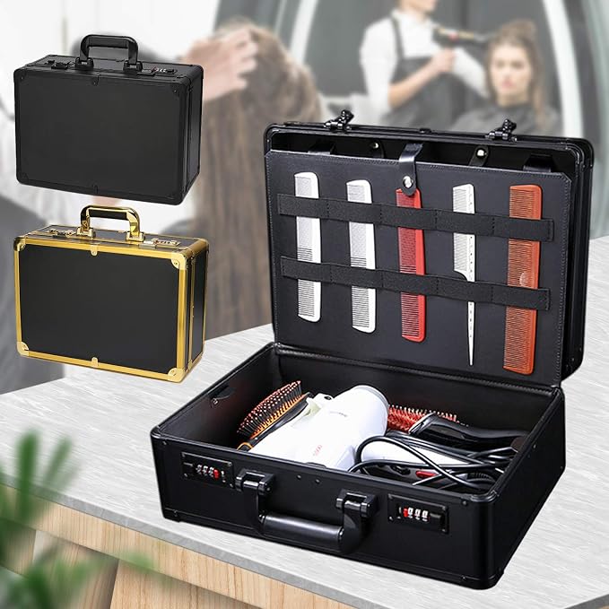 Barber Beauty Salon Tool Kits Storage Travel Carry Case,Hairdresser Salon Trimmer Holder Organizer Box with Lock,Barber Carrying Case for Hair Stylist Pet Groomer (Gold)