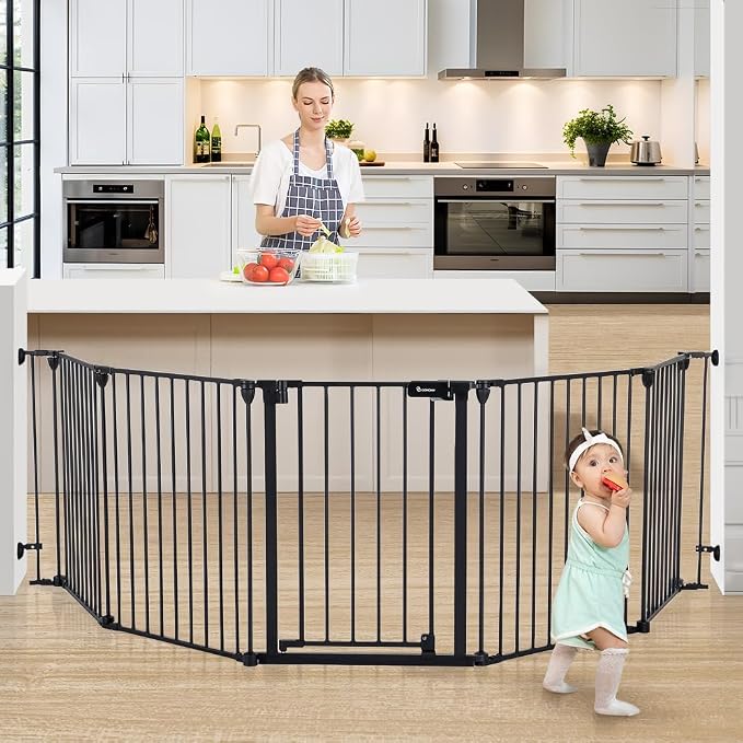 COMOMY 127.8" Extra Wide Baby Gate, Dog Gate for House Stairs Doorways | Auto Close Pet Gate with Door Walk Through, 5 Metal Panels, Hardware Mounted Baby Fence Indoor Outdoor(30" Tall,Black)