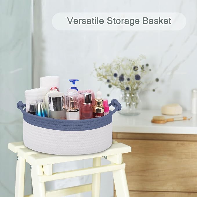 COMSE Small Gift Basket Empty with Bag & Ribbons, Folkstone Gray & White | Cotton Rope, 12"x 8"x 5", Pet Toy Storage Organizer, Woven Basket for Birthdays, Baby Showers, Mother’s Day, Valentine’s Day
