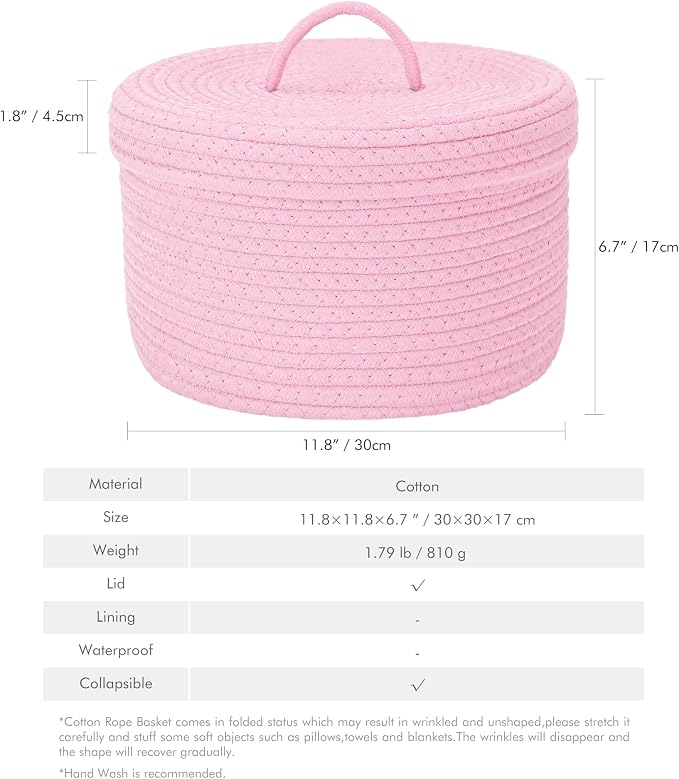Sea Team Round Storage Basket, Woven Cotton Rope Basket with Lid, Pink | Decorative Knitted Storage Bin, Multi-Purpose Lidded Organizer for Closet Shelves, Nursery and Household Storage
