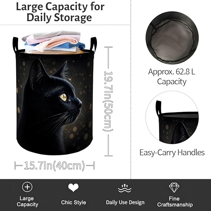 Black Cat Laundry Basket, Mysterious Kitten Foldable Oxford Cloth, Waterproof Dirty Clothes Hamper with Handles, Clothing Storage Bin Toy Organizer for Bedroom Dorm Bathroom, 19.7"x15.7"