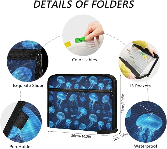 13 Pocket Zipper Expanding File Folder A4 Ocean Jellyfish | Accordion File Organizer with Front Pouch A4 Letter Size Portable Folders for Documents Receipt School Office Supplies