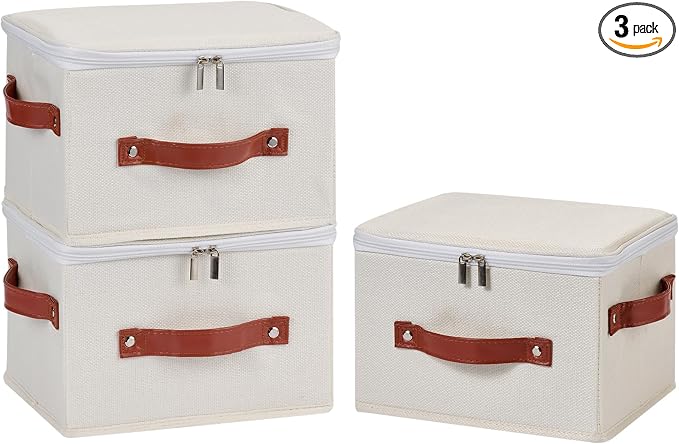 3PCS Storage Bins Boxes with Zippered Lid Decorative Baskets | Cotton Linen Fabric, Washable Foldable Stackable Clothes Container, Closet Shelf Organizer w/ PU Leather Handles, Beige-Small