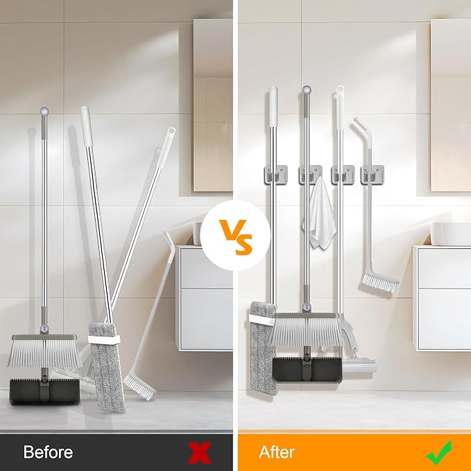4 Pack Stainless Steel Heavy Duty Broom Holder Wall Mount with Hook, Silver | Screw Drilling Mop and Broom Hanger, Single Storage Rack for Laundry Garage Closet Garden Tool Organizer