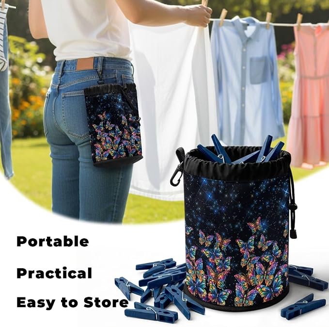 Rainbow Butterfly Clothespin Bag Holder Outside, Hanging Clothes Pin Bag with Drawstring Closure, Large-Capacity Clothespin Storage Organizer with Hooks