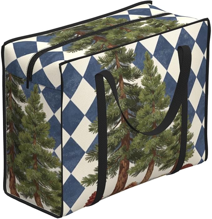 Extra Large Carry Tote Bags Pine Trees With Pinecones On Blue Checkered, Reusable Washable Oxford Fabric Duffle Bag for Laundry Organization and Travel Luggage