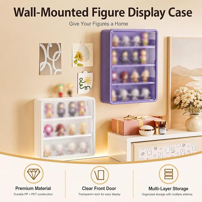 Wall-Mounted Display Case for Blind Box Figures, Clear Magnetic Door Collectible Storage Cabinet, No-Drill Figure Organizer with Shelves, Small or Large, White, Yellow or Purple(Yellow,Small)