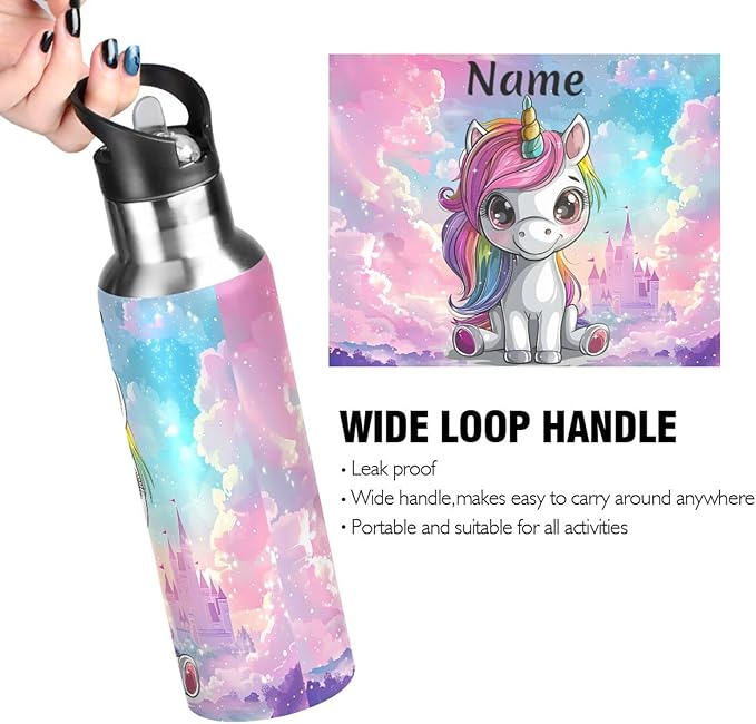 Custom Name Cute Unicorn Rainbow Castle Water Bottle with Straw Lid Kids Insulated Stainless Steel Water Flask Sports, 20 Oz Hot Cold