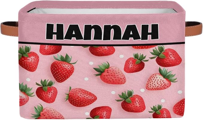 Custom Name Storage Bin, Personalized Rectangular Storage Basket with Handles for Organizing Girls Toys Office Closet Shelf Baskets Fruit Strawberry Pink Background