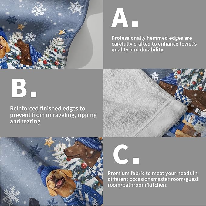 Giwawa Winter Dog Towel Set of 2, Christmas Trees Snowman Presents Funny Puppy Decorative Hand Towels, Xmas Snow Scene Soft Microfiber Face Towel Washcloth for Bathroom Guest Gym Spa Hotel