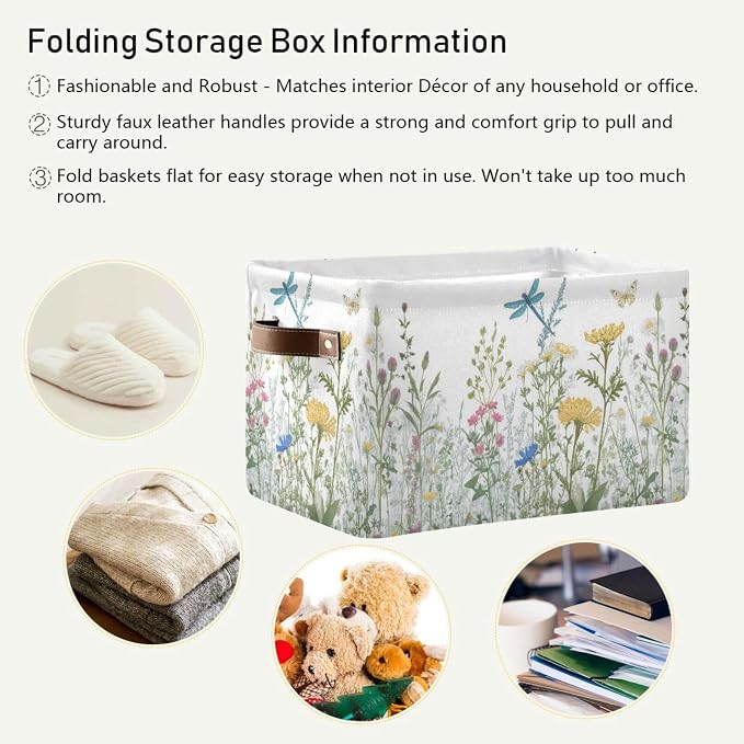 Colorful Herbs And Flowers Storage Baskets,Decorative Collapsible Rectangular Canvas Fabric Storage Bin for Home